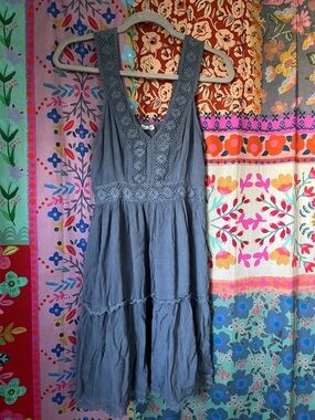 CUTE OPTIONS Blue Boho Festival Tiered Mini Sundress With Crochet Trim Size XS